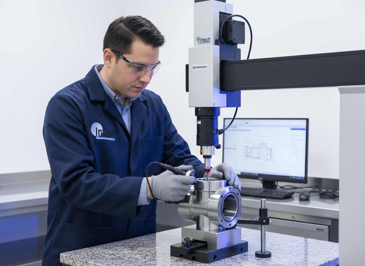 Quality control technician inspecting machined part